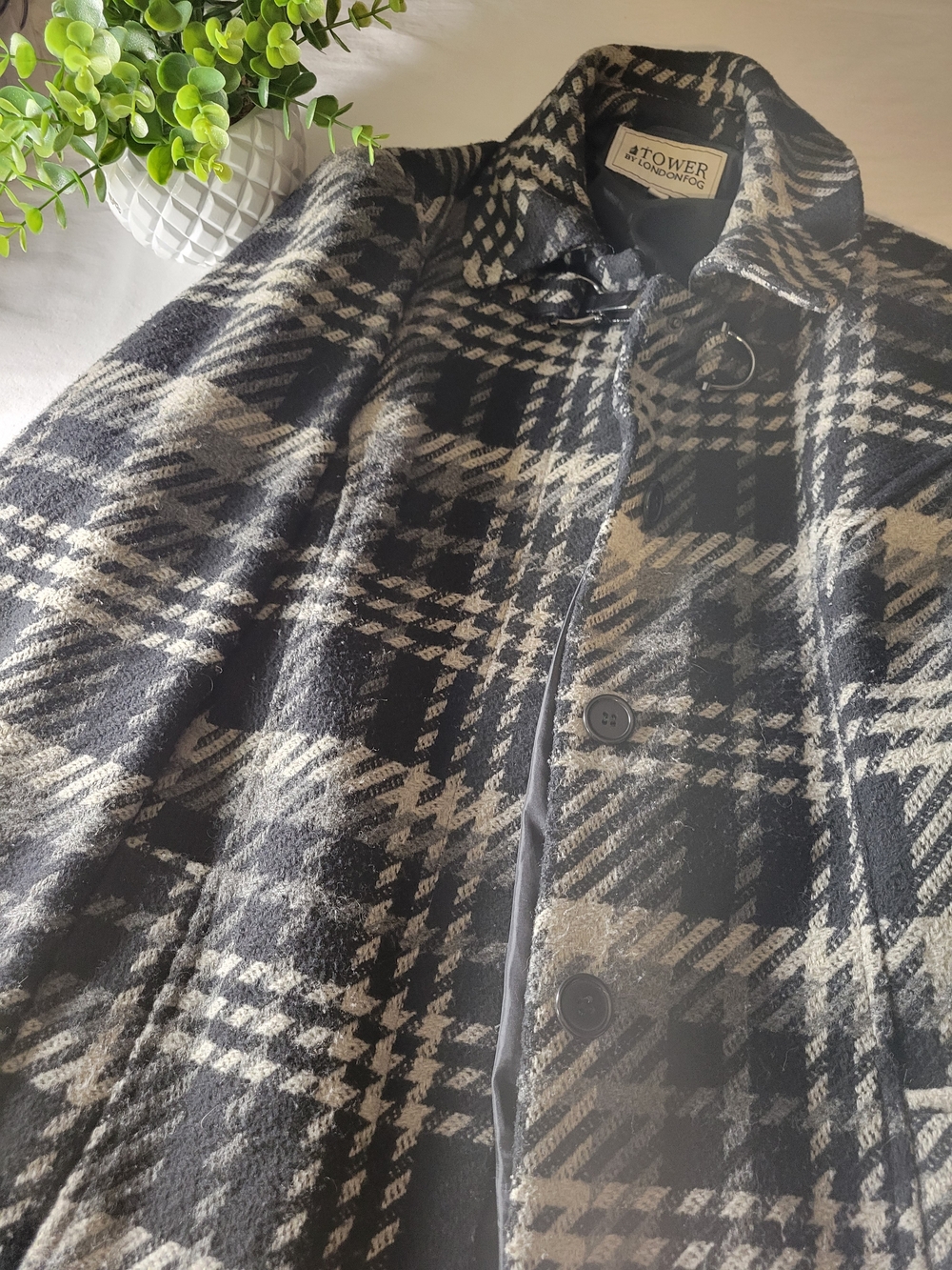 London Fog Black and White Plaid Pea Coat
